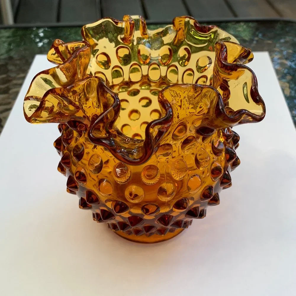 Vintage Fenton Amber Glass Footed Hobnail Vase with Ruffled Edge - Picture 3 of 12